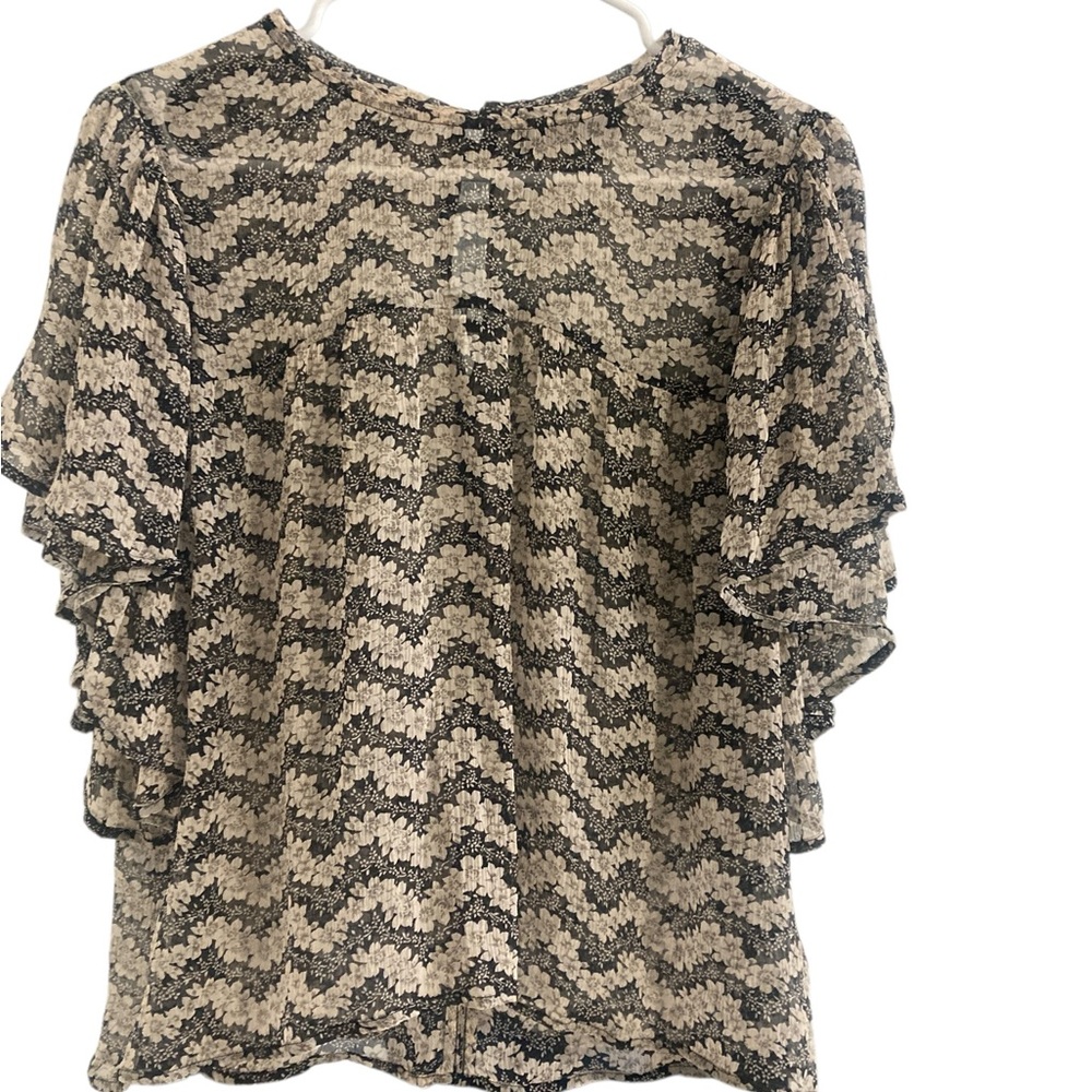 The Kooples Silk Blouse-Black & Cream Flutter Sleeve Short Sleeve Printed Blouse